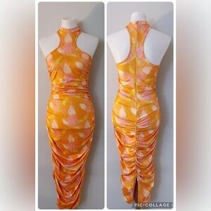 Orange watercolor bodycon midi dress summer festival vacation party brunch